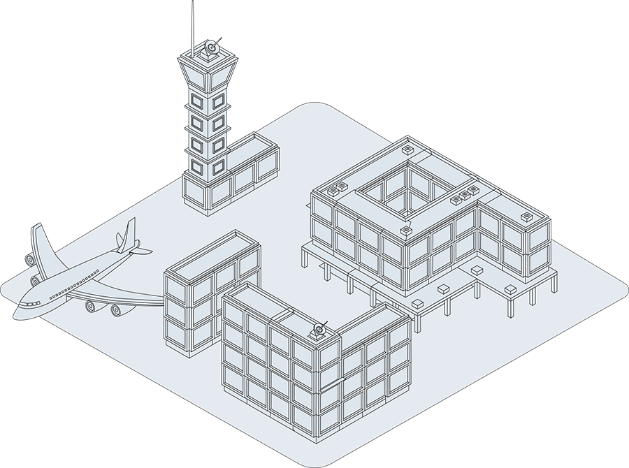 Grafik von einem Flughafen mit Tower, Flughafengebäuden und Flugzeug
