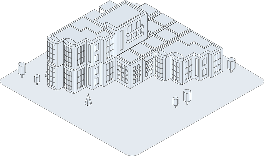 Grafik von einem Technologiepark (großes Gebäude von außen)